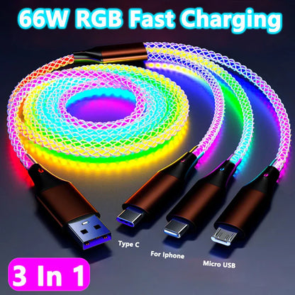 RGB LED 3-in-1 Fast Charging Cable 66W – Type C, Lightning & Micro USB for iPhone & Android